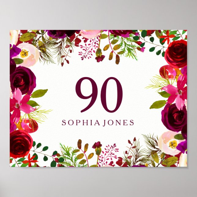 Burgundy Red Floral Boho Sign 90th Birthday Party (Front)