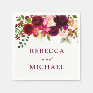 Burgundy Red Floral Boho Wedding Engagement Napkin