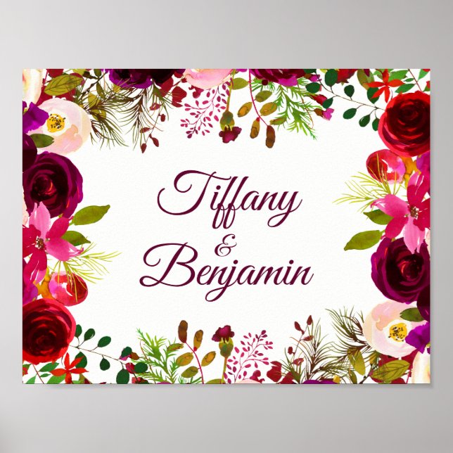 Burgundy Red Floral Boho Wedding Engagement Party Poster (Front)