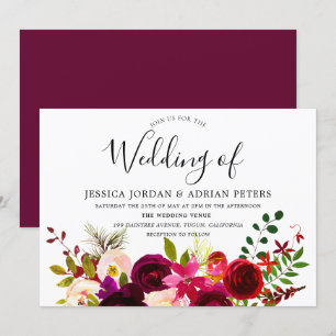 Burgundy Red Floral Boho Wedding Invitation