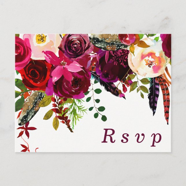Burgundy Red Floral Boho Wedding RSVP postcard (Front)