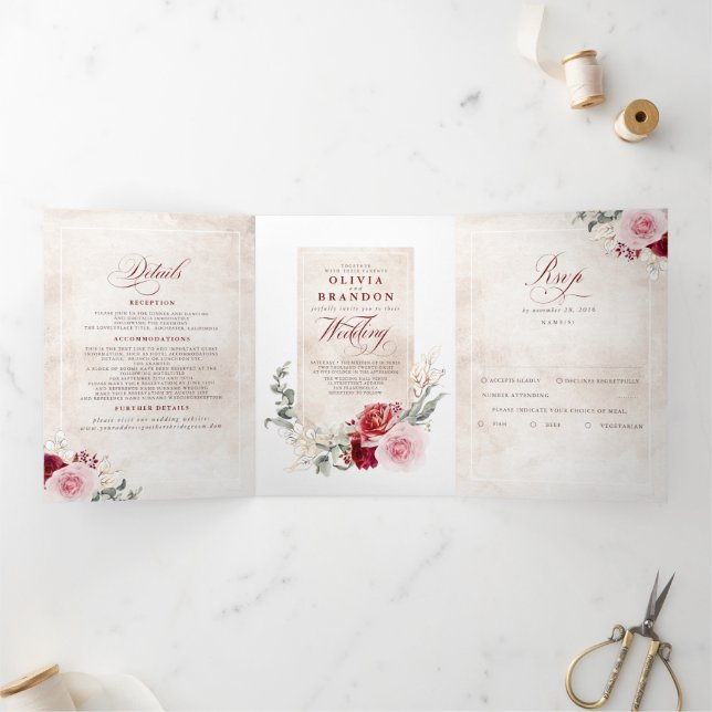 Burgundy Red Floral Botanical Boho Wedding Tri-Fold Invitation (Inside)