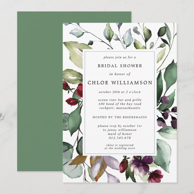 Burgundy Red Floral Botanical Bridal Shower Invitation (Front/Back)