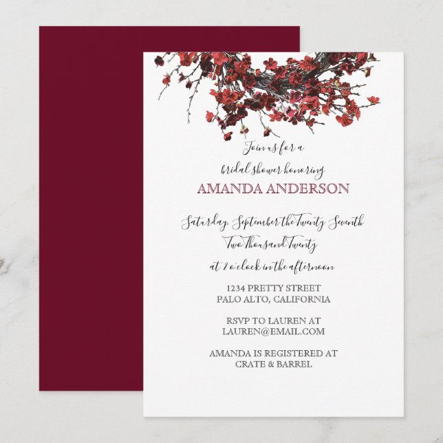 Burgundy Red Floral Bridal Shower Invitation (Front/Back)