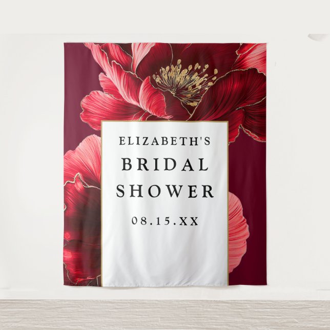 Burgundy Red Floral Bridal Shower Photo Backdrop Tapestry (Front)