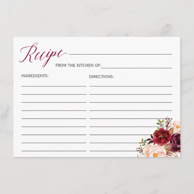 Burgundy Red Floral Bridal Shower Recipe Card (Front)