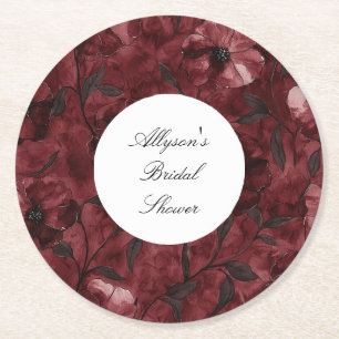 Burgundy Red Floral Bridal Shower Round Paper Coaster