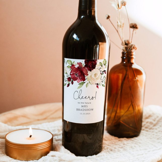 Burgundy red floral bridal shower wine label (Creator Uploaded)