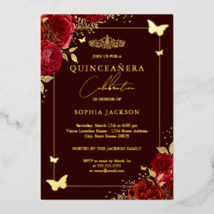Burgundy Red Floral Butterfly Tiara Quinceanera 