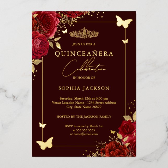 Burgundy Red Floral Butterfly Tiara Quinceanera  (Front)