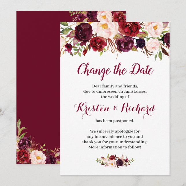 Burgundy Red Floral Change the Date Card (Front/Back)