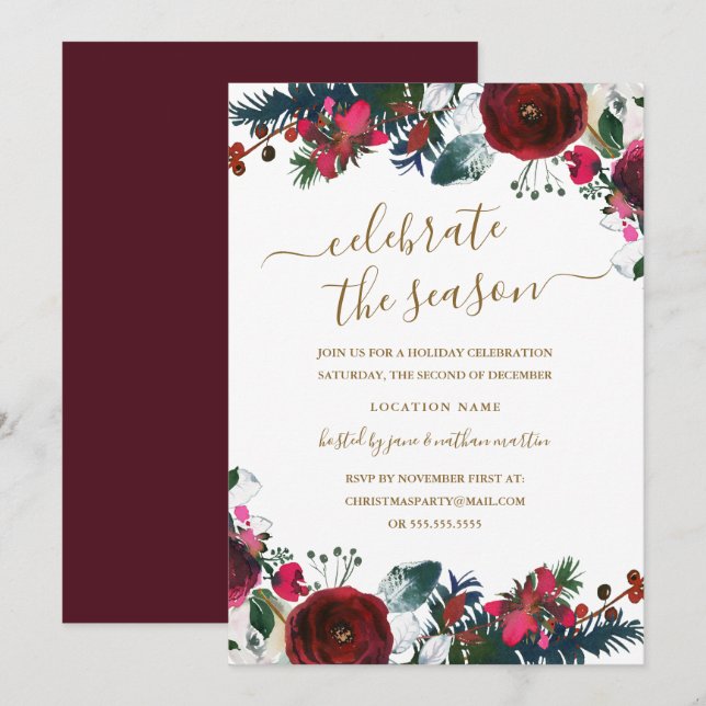 Burgundy Red Floral Christmas Party Invitation (Front/Back)