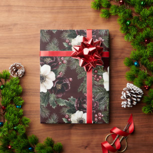 Burgundy Red Floral Christmas Wrapping Paper