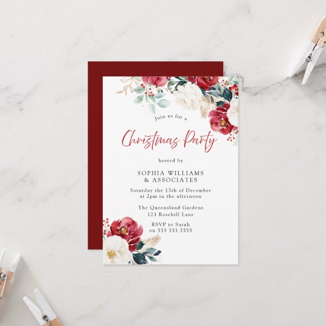 Burgundy Red Floral Company Family Christmas Party Invitation (Front/Back In Situ)