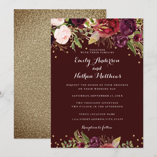 Burgundy Red Floral Confetti Wedding Invitation (Front/Back)