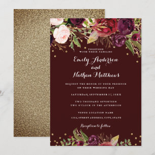 Burgundy Red Floral Confetti Wedding Invitation