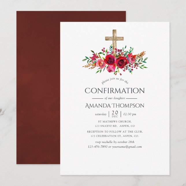 Burgundy Red Floral Confirmation Invitation (Front/Back)