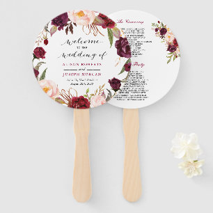 Burgundy Red Floral Contemporary Wedding Program Hand Fan
