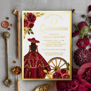 Burgundy Red Floral Dress Charro Quinceanera Gold