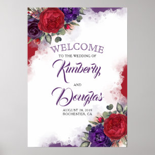 Burgundy Red Floral Eggplant Wedding Welcome Sign