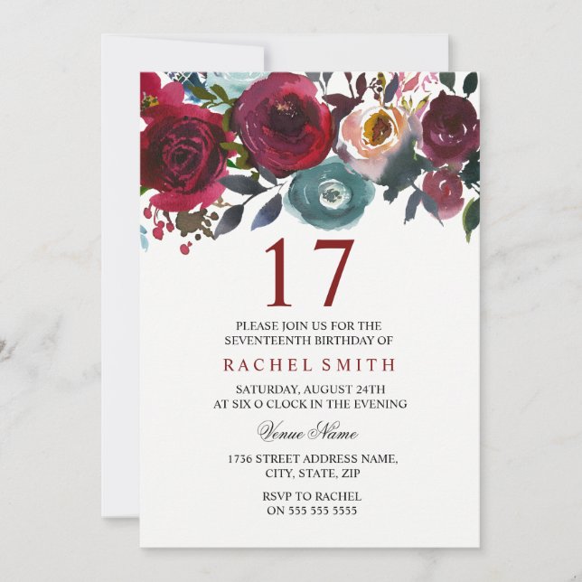 Burgundy Red Floral Elegant 17th Birthday Invite (Front)