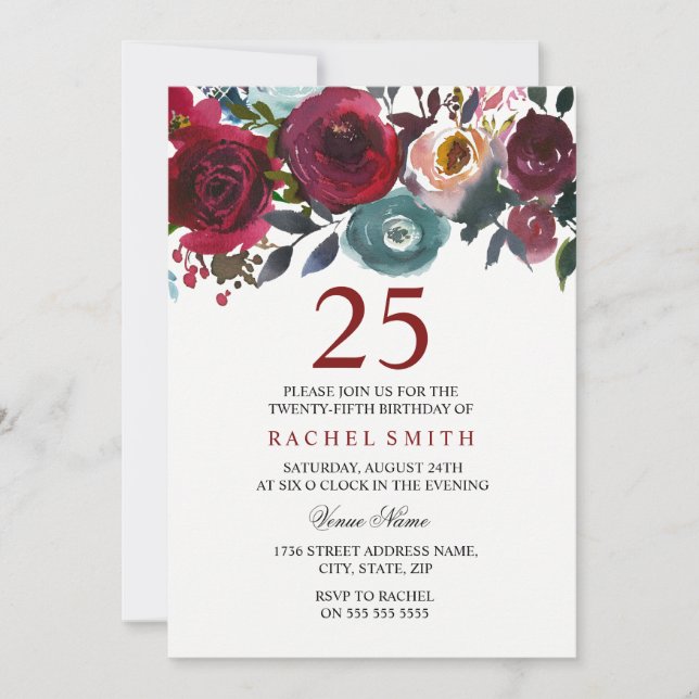 Burgundy Red Floral Elegant 25th Birthday Invite (Front)