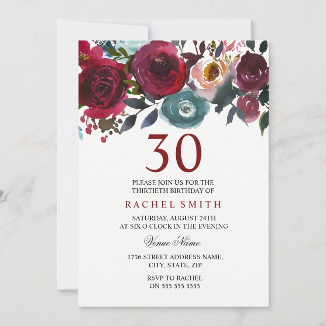 Burgundy Red Floral Elegant 30th Birthday Invite (Front)