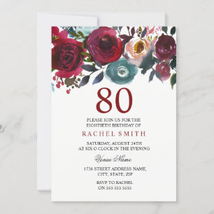 Burgundy Red Floral Elegant 80th Birthday Invite