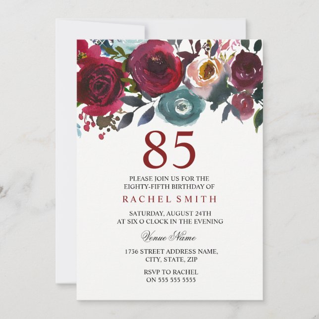 Burgundy Red Floral Elegant 85th Birthday Invite (Front)
