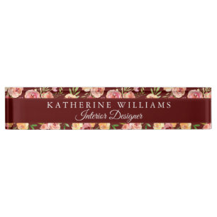 Burgundy Red Floral Elegant Modern Personalised Nameplate