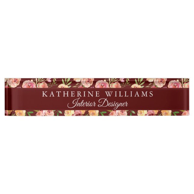 Burgundy Red Floral Elegant Modern Personalised Nameplate (Front)