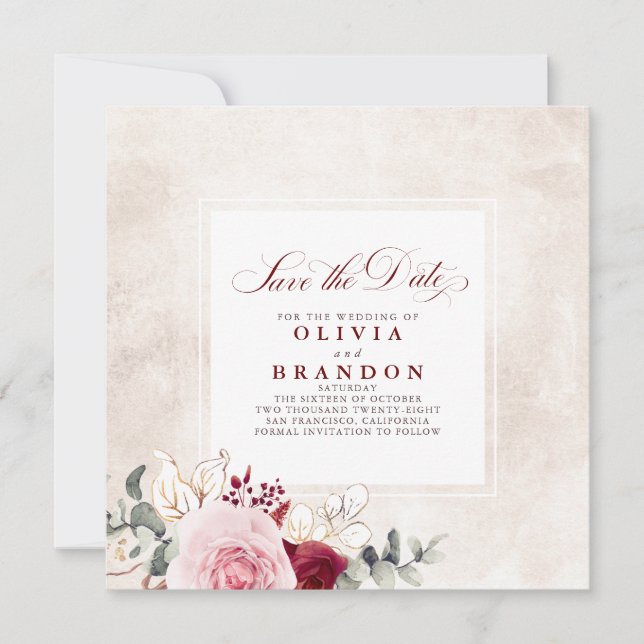 Burgundy Red Floral Elegant Save The Date Announcement (Front)