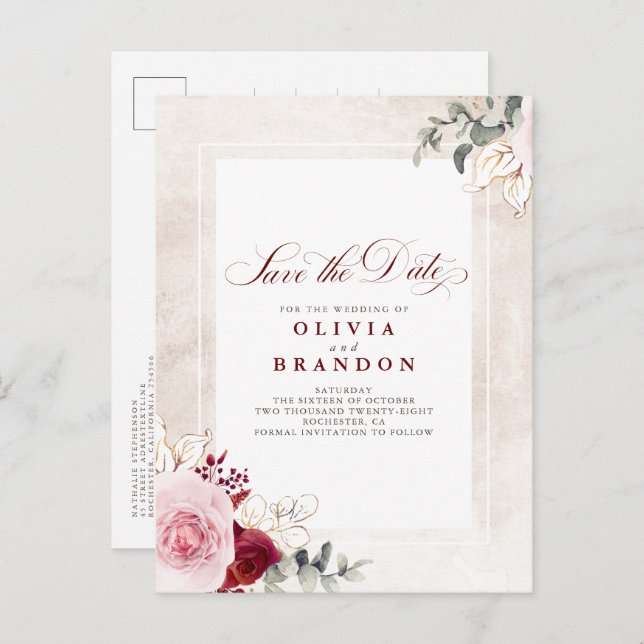 Burgundy Red Floral Elegant Save The Date Announcement Postcard (Front/Back)