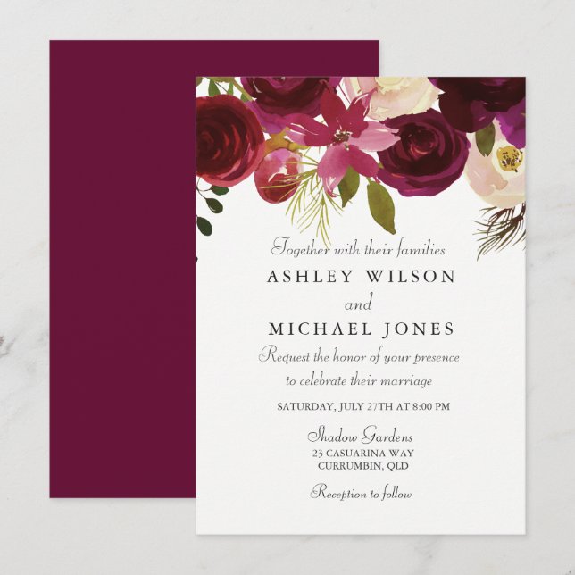 Burgundy Red Floral Elegant Wedding Invitation (Front/Back)
