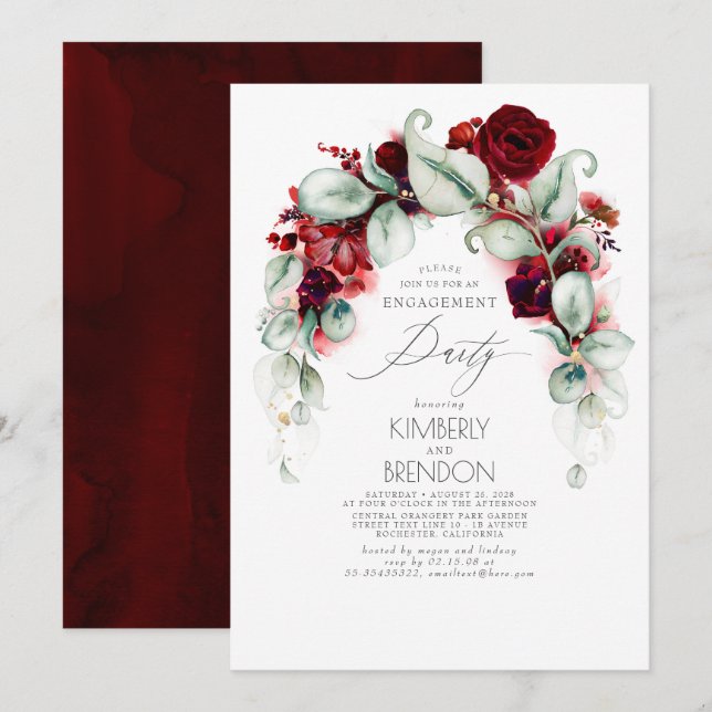 Burgundy Red Floral Engagement Party Invitation (Front/Back)