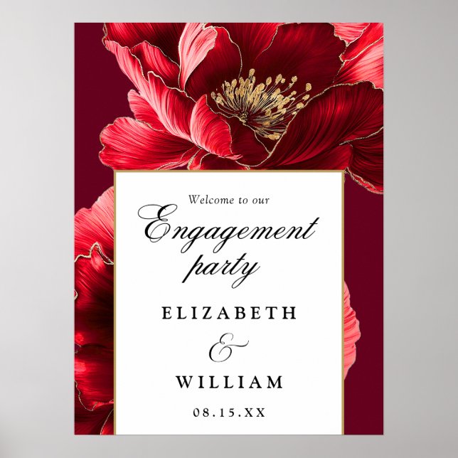 Burgundy Red Floral Engagement Party Welcome Sign (Front)