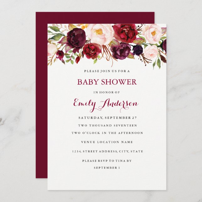 Burgundy Red Floral Fall Baby Shower Card (Front/Back)