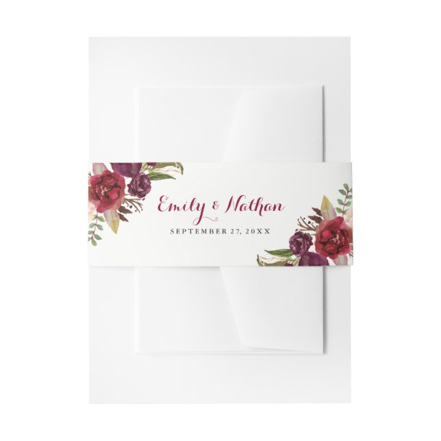 Burgundy Red Floral Fall Wedding Belly Band Invitation Belly Band (Front Example)