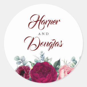 Burgundy Red Floral Fall Wedding Classic Round Sticker