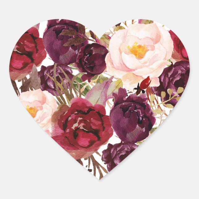 Burgundy Red Floral Fall Wedding Heart Seal (Front)