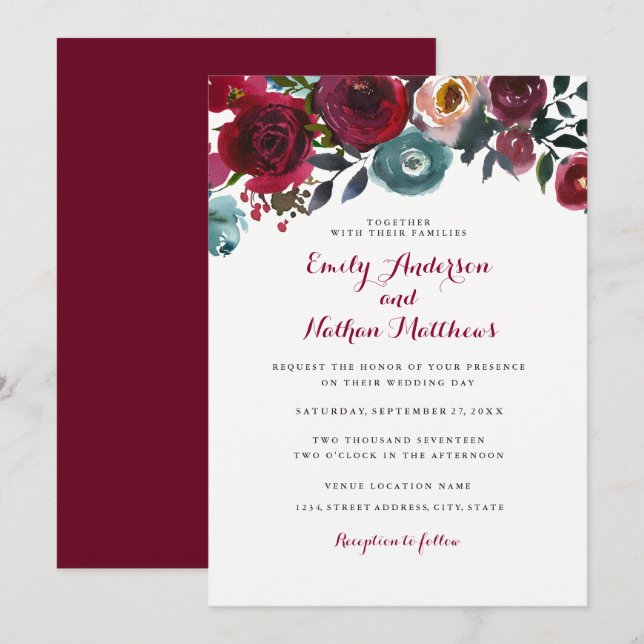 Burgundy Red Floral Fall Wedding Invitation (Front/Back)