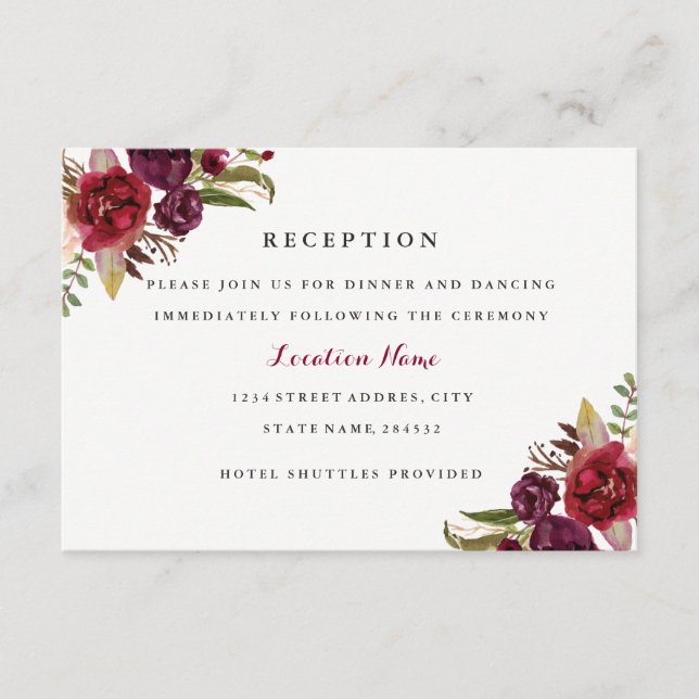 Burgundy Red Floral Fall Wedding Reception Card (Front)