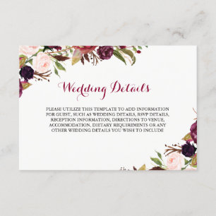 Burgundy Red Floral Fall Wedding Reception Details Enclosure Card
