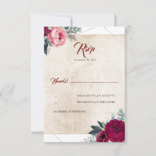 Burgundy Red Floral Fall Wedding RSVP Card