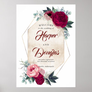 Burgundy Red Floral Fall Wedding Welcome Sign