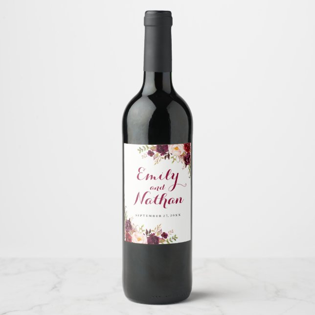 Burgundy Red Floral Fall Wedding Wine Label (Front)