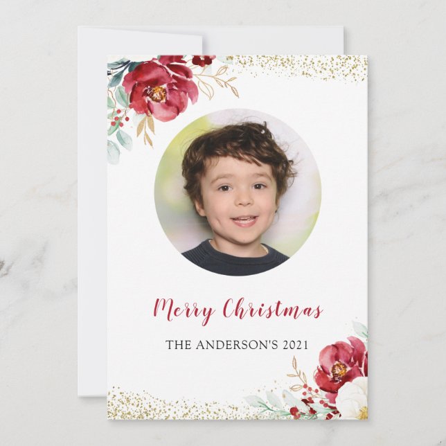 Burgundy Red Floral Family Picture Christmas Party Invitation (Front)