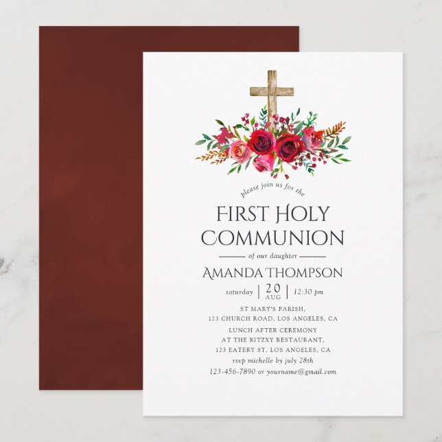 Burgundy Red Floral First Holy Communion Invitation (Front/Back)