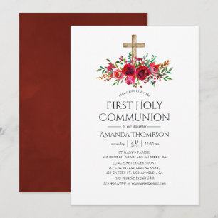 Burgundy Red Floral First Holy Communion Invitation