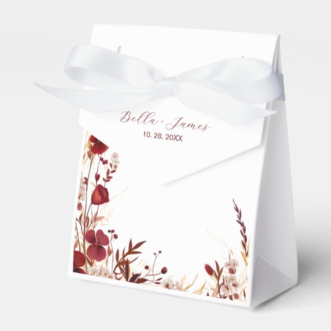 Burgundy Red Floral Foliage Favour Box (Front Side)